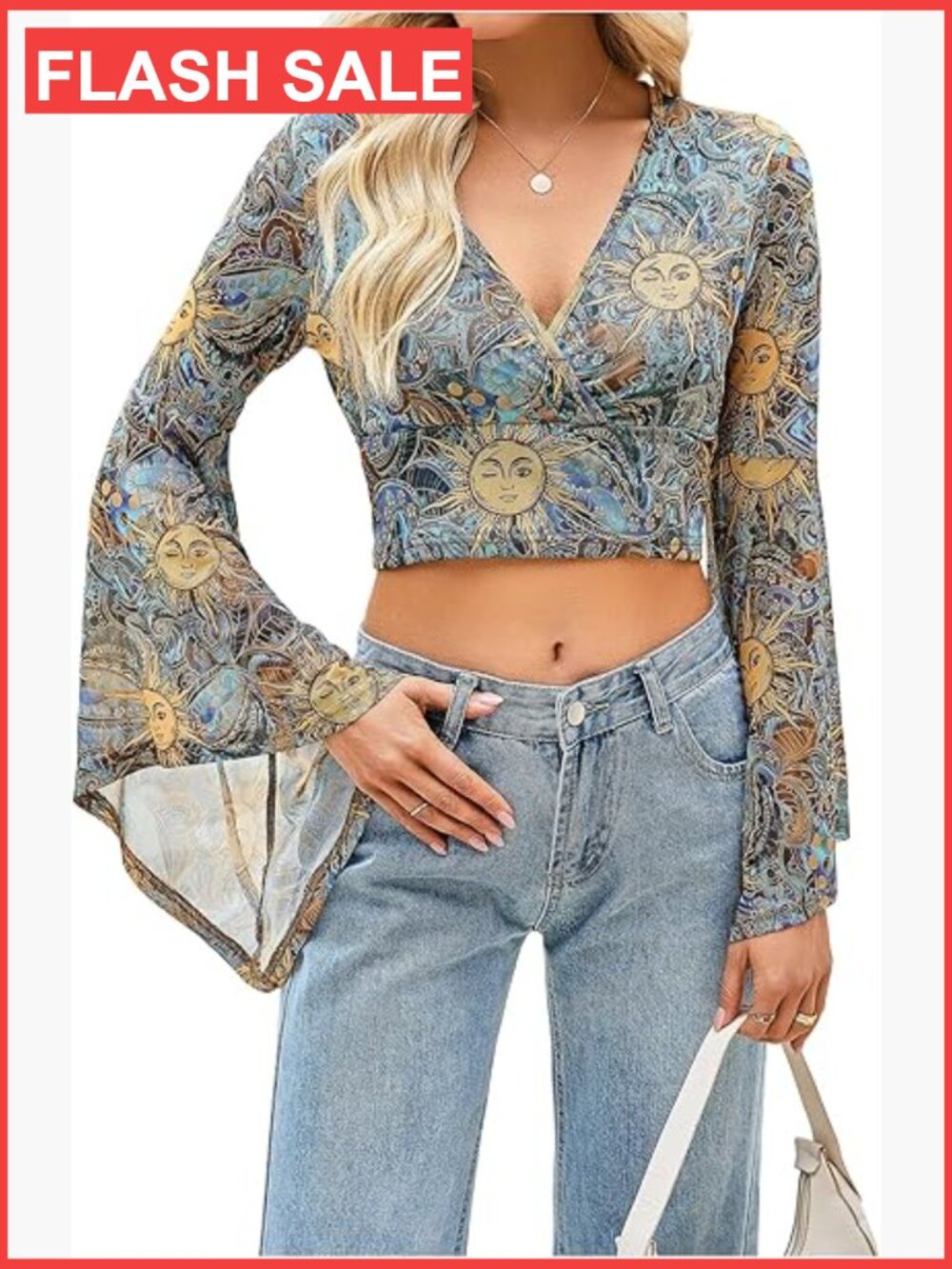 V Neck Long Bell Sleeve Wrap Blouse Top Tee